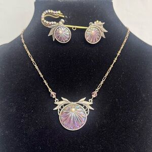 Fenton Carnival Art Glass Necklace & Earrings Set Bohemian Art Nouveau Beautiful